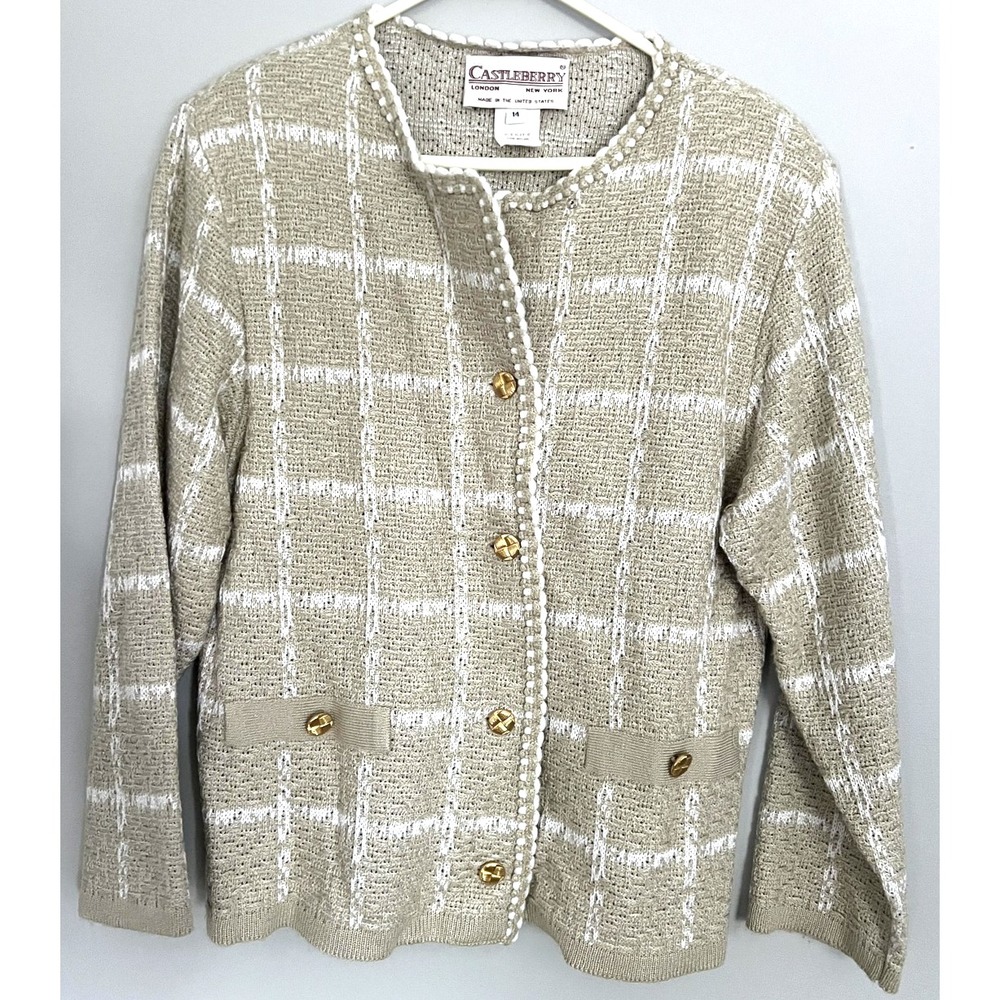 Vintage Castleberry Sweater Womens 14 Plaid Cardigan Gold‎ Button Up 90s USA
